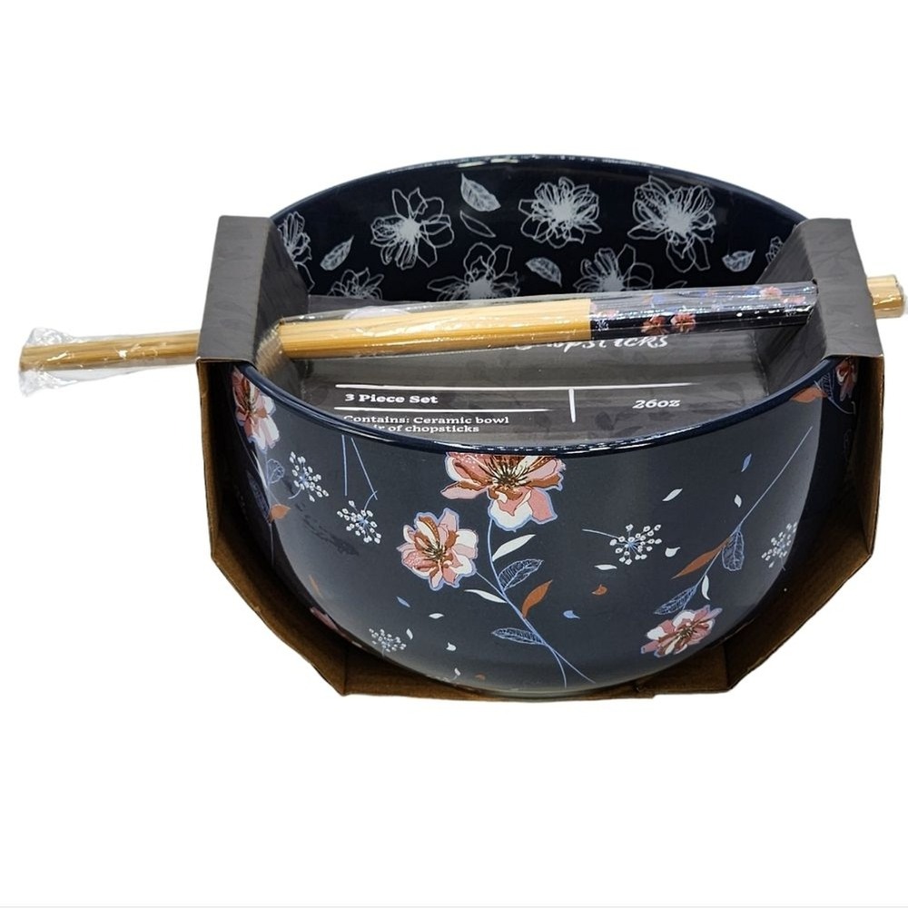 Core Kitchen Floral Print Blue Ceramic Ramen Noodle Bowl w/ Chopsticks Set 26oz